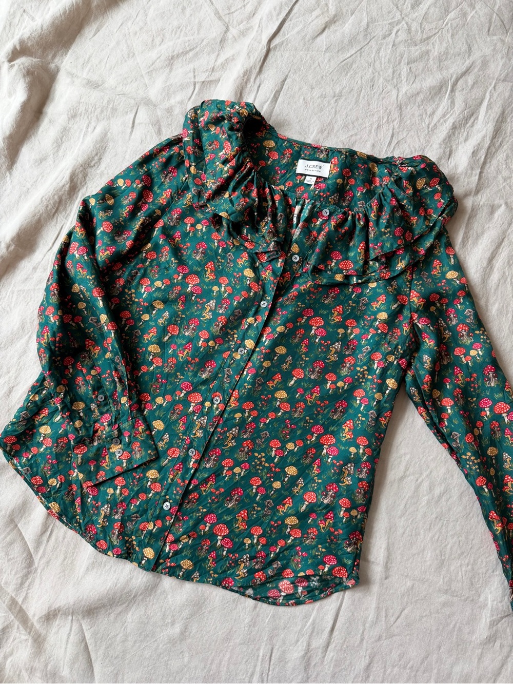 J. Crew collection 100% silk Forest Green Floral Ruffle-Trim mushroom Blouse - Picture 4 of 11